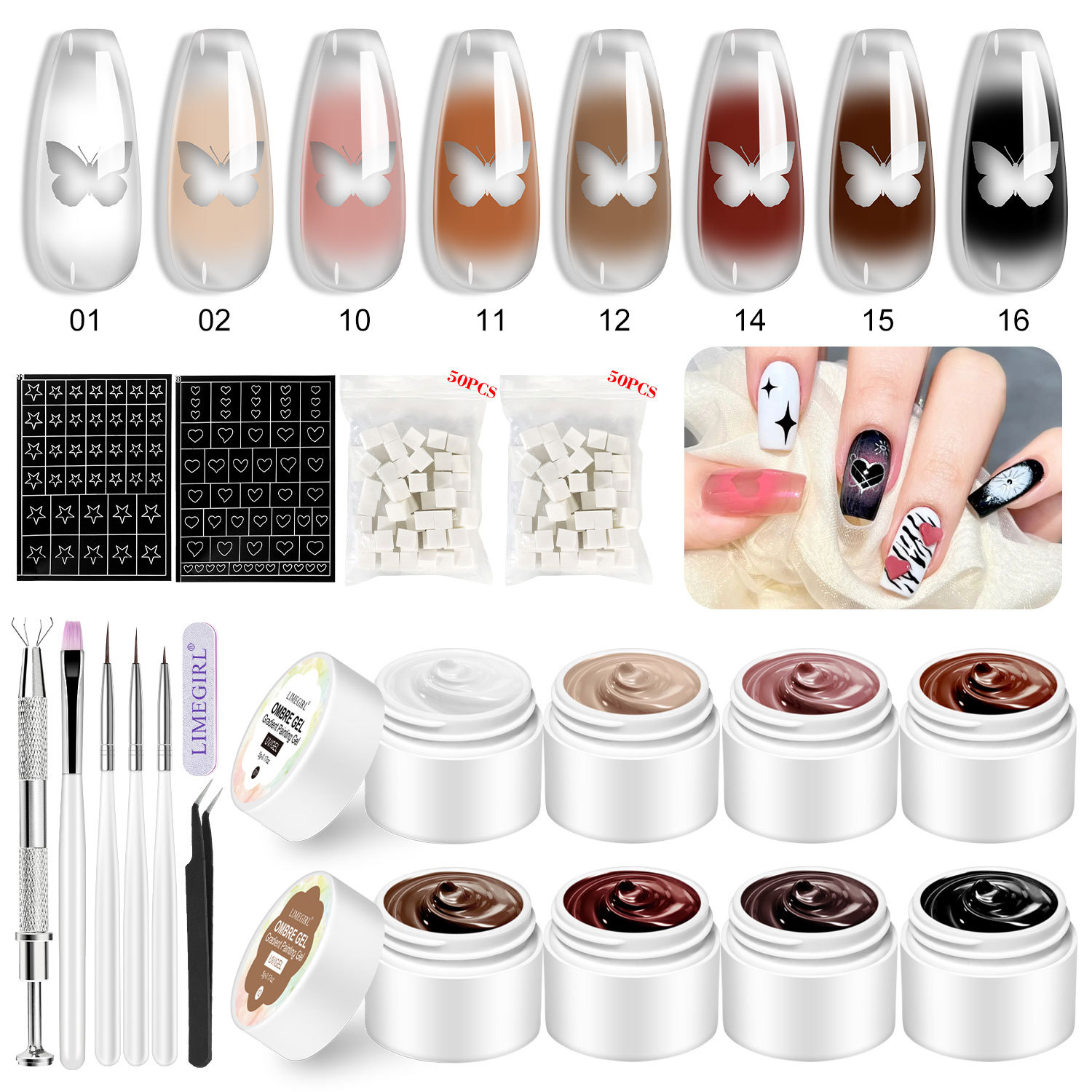 Limegirl Ombre Nail Gel Kit - 8 Colors Gradient Gel with Sponge, Brush & Tools for DIY Salon-Quality Nail Art (UV/LED, No Wipe)