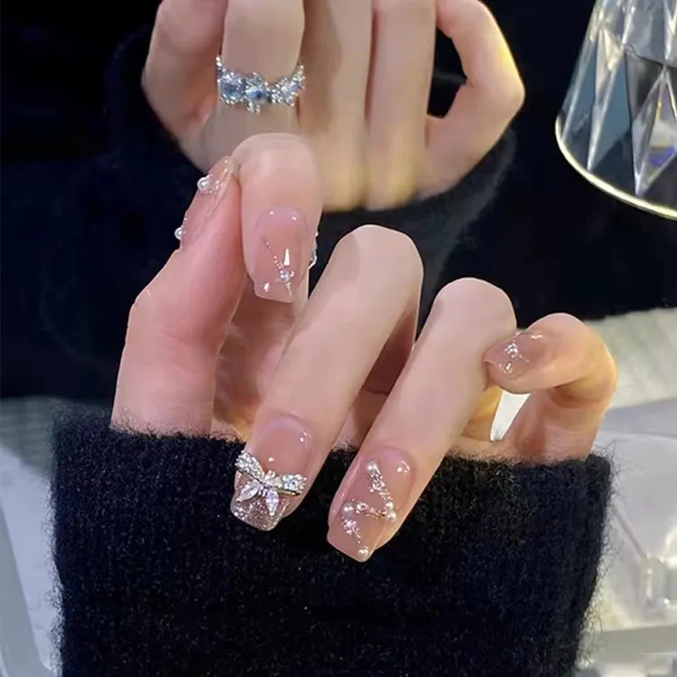 Aurora Drill Blush Glitter Powder Nail White Fake Nails Short Detachable Wearable Manicure