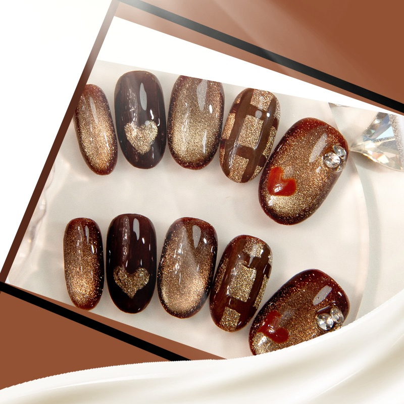 Luxury Golden Brown Heart-Shaped Nail Art Stickers with Glitter Gradient &amp; Crystal Rhinestones