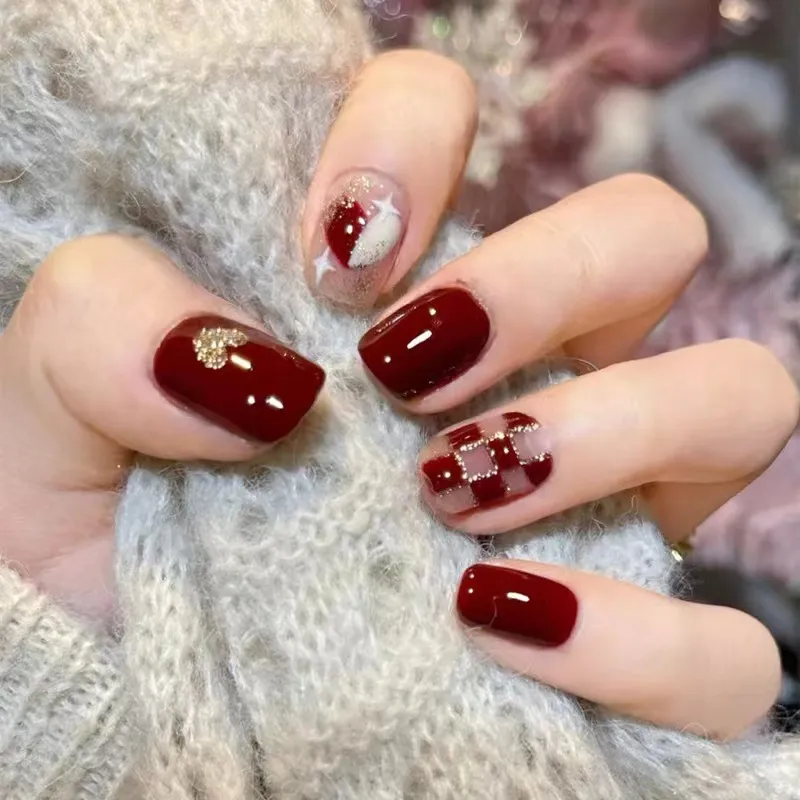 Aurora Drill Blush Glitter Powder Nail White Fake Nails Short Detachable Wearable Manicure