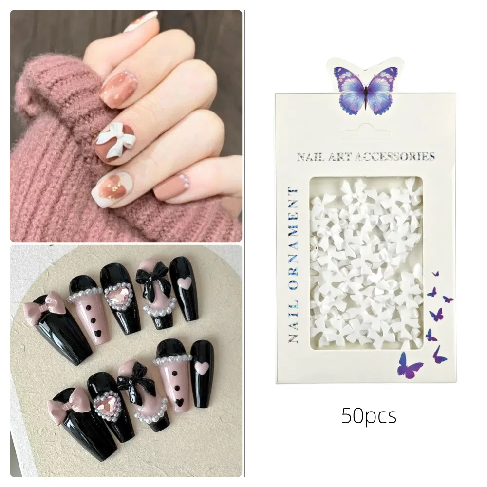 50PCS Multi Colors 3D Resin Bow Manicure Charms Flat Back Cute Nail Art Jewelry for Nails Art Decoration Kit