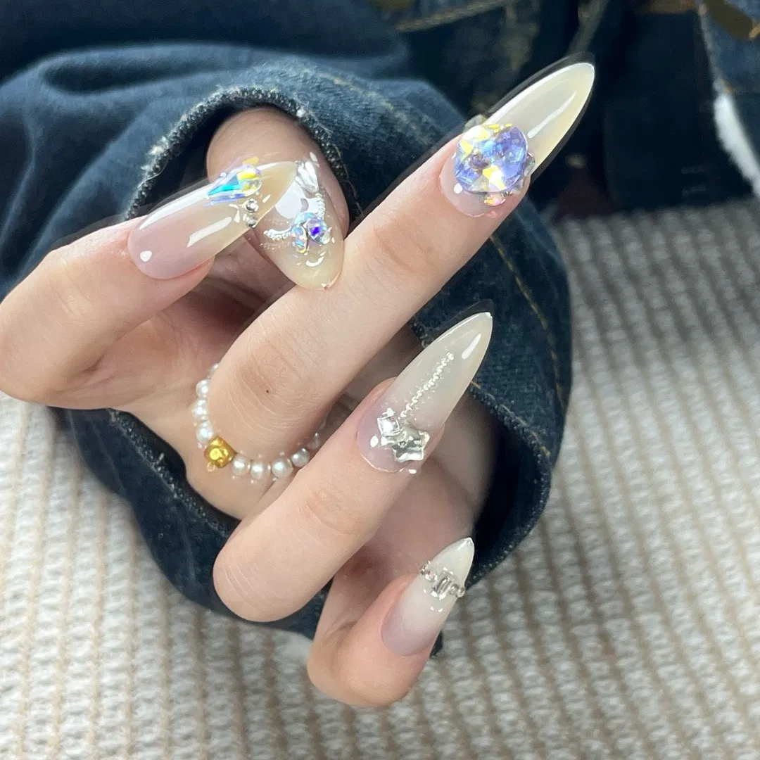Wholesale Short Medium Long French Rhinestone Rectangular Press on Fake Nails ABS Acrylic Medium Long Length Coffin Tip Design Fingers Handmade False Nails