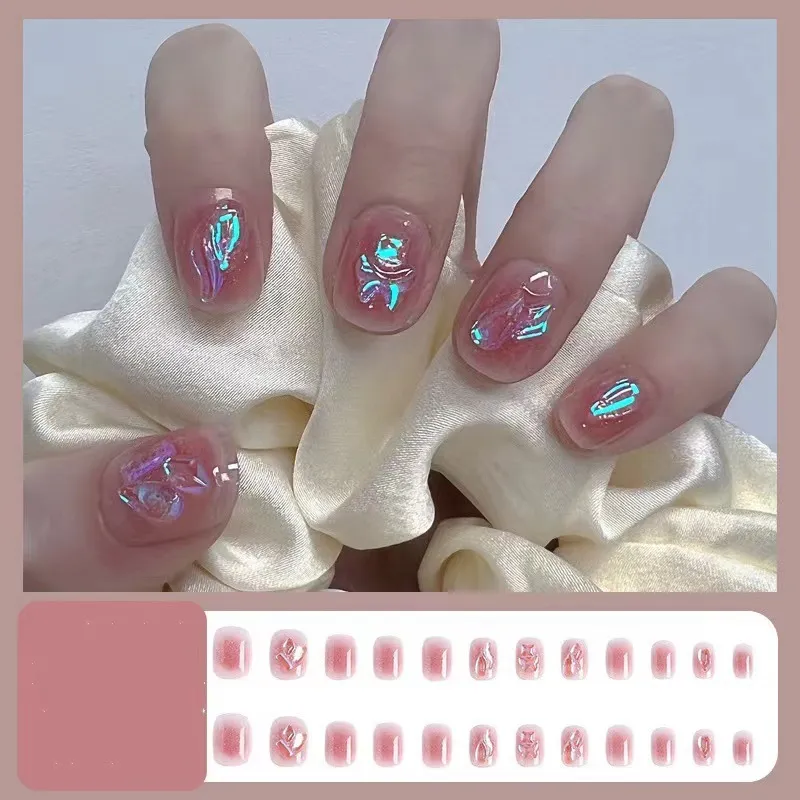 Aurora Drill Blush Glitter Powder Nail White Fake Nails Short Detachable Wearable Manicure