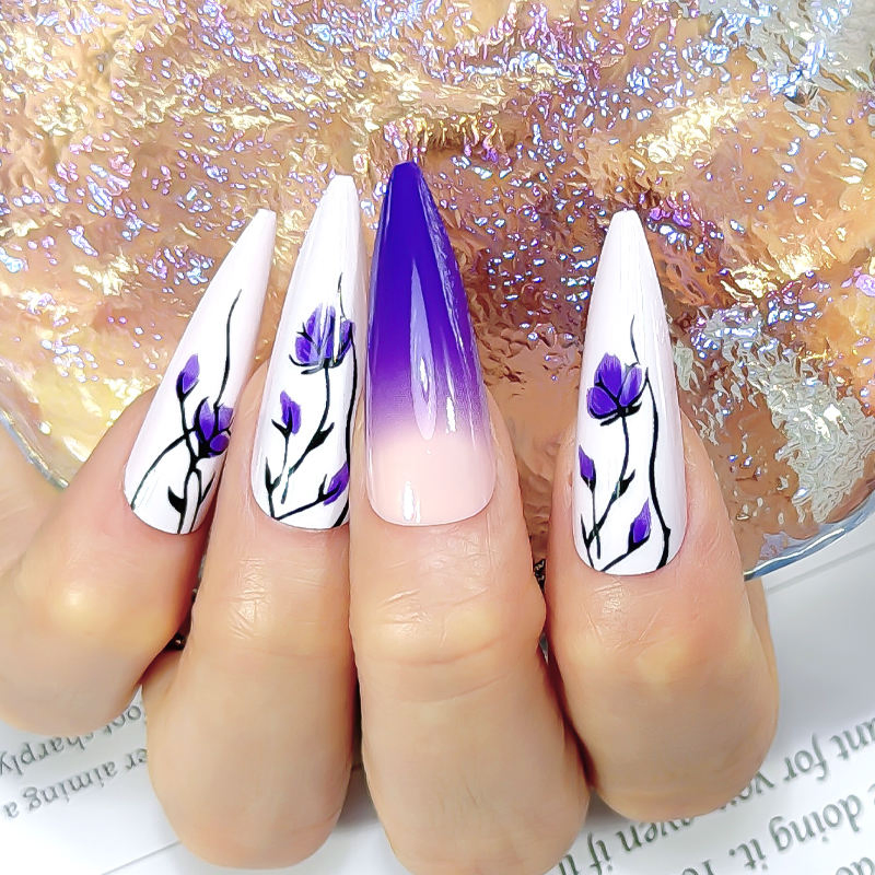 Luxury Purple Long Stiletto Nail Manicure Set with Box