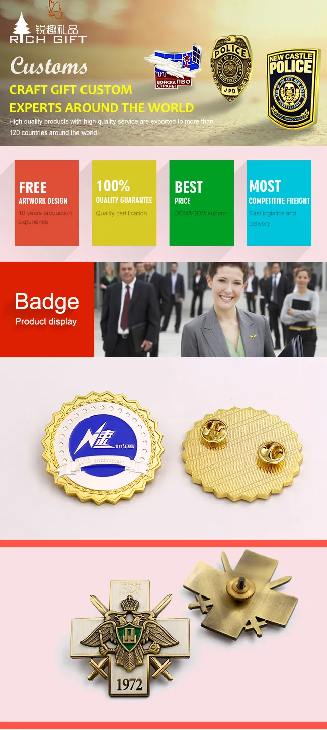 Fabricante Personalizado Barato de Hierro Metálico Grabado Chapado en Oro Insignia de Nombre para Promoción