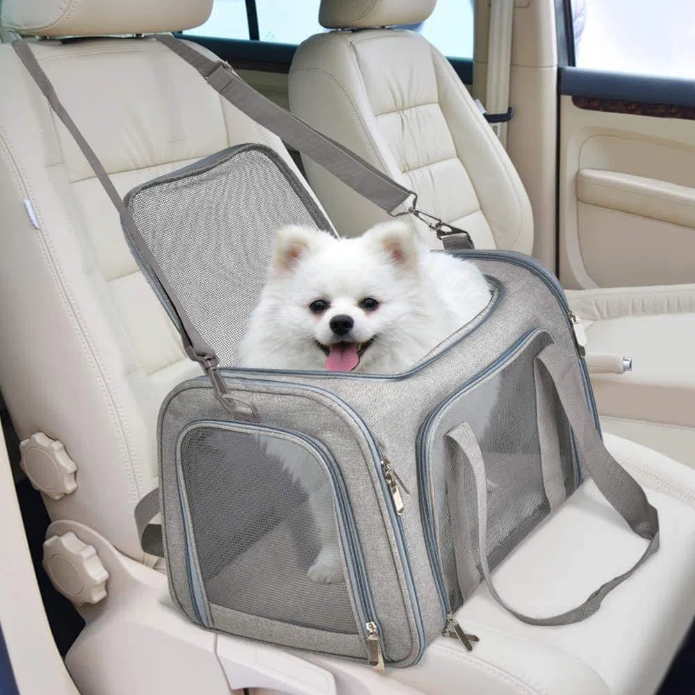 Bolsa transportadora expandible y plegable para mascotas para viajar con ventanas de malla transpirable, diseño duradero y ligero para gatos y perros pequeños, uso en interiores y exteriores