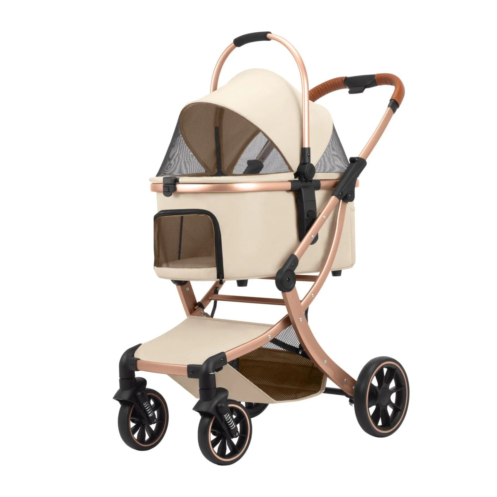 Carrito de lujo plegable al por mayor para mascotas pequeñas, cochecito para perros y gatos con 4 ruedas, transportador ligero de malla
