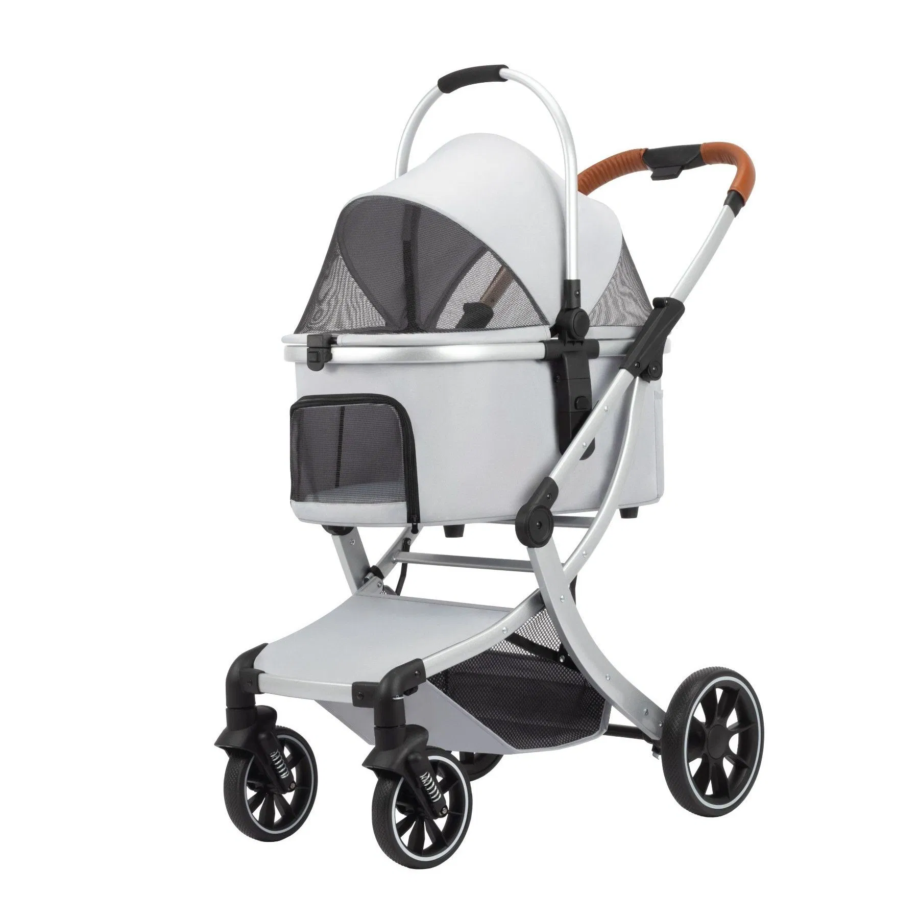 Carrito de lujo plegable al por mayor para mascotas pequeñas, cochecito para perros y gatos con 4 ruedas, transportador ligero de malla