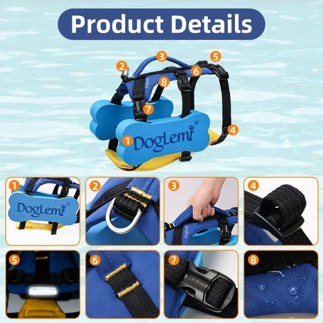Chaleco de seguridad para perros azul transpirable con anillo en D para navegación y piscina
