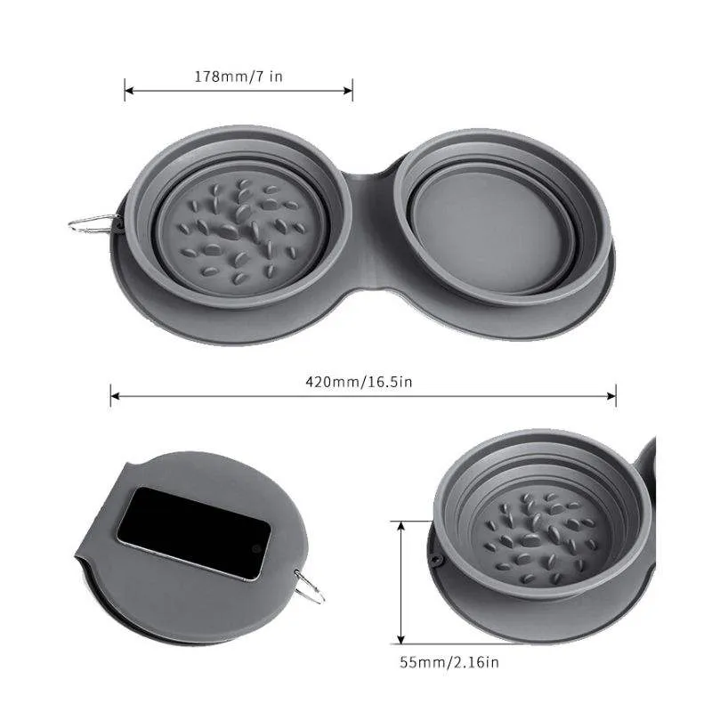 Dos en uno tazón portátil plegable colapsable de silicona para comida y agua de mascotas, alimentador lento para gatos y perros