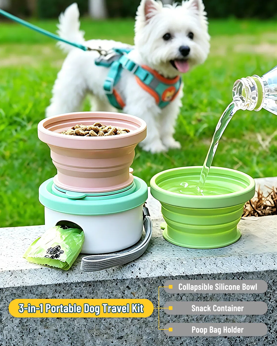 Kit de paseo para mascotas al aire libre de uso múltiple con compartimento de almacenamiento de comida seca adicional, cubiertas internas separadas, dispensador de bolsas para excrementos de perro, soporte para bolsas de excrementos de mascotas
