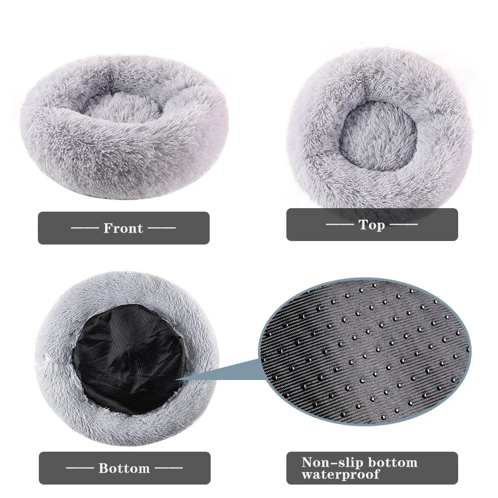 Cama para mascotas de felpa sintética larga, cómoda, impermeable, en forma de dona, cama redonda para perros, cama para gatos, cojín para mascotas removible