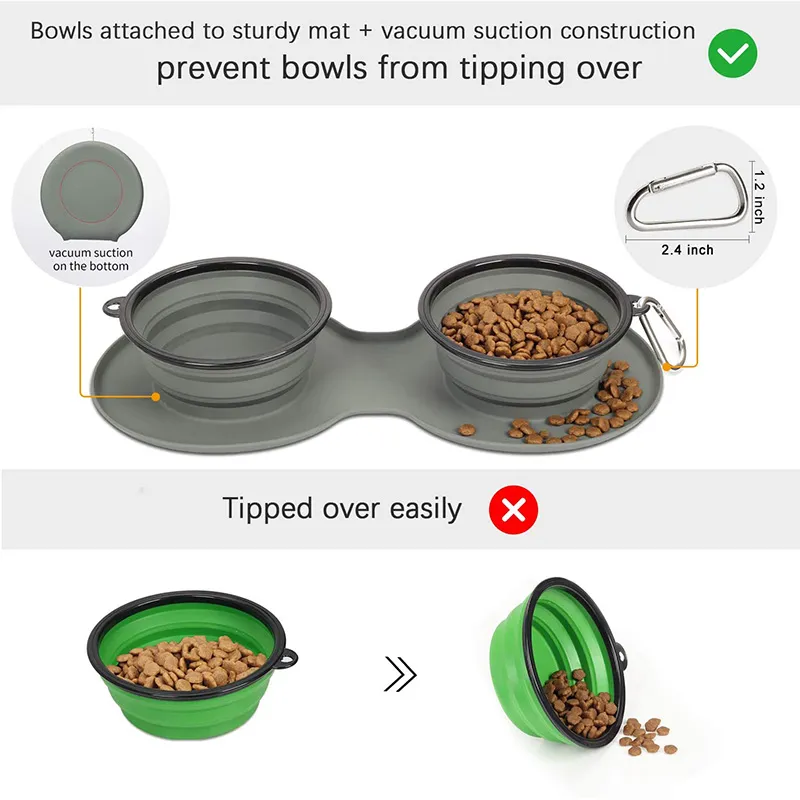 Dos en uno tazón portátil plegable colapsable de silicona para comida y agua de mascotas, alimentador lento para gatos y perros