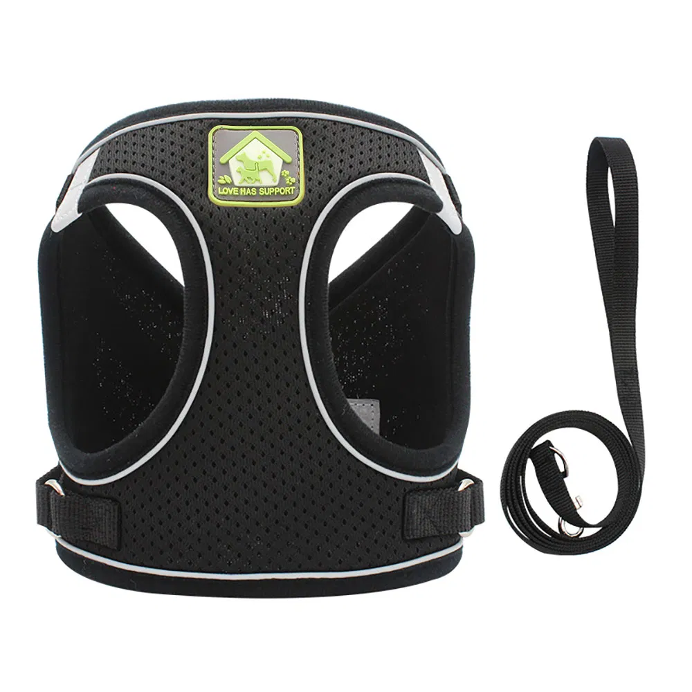 Arneses de chaleco para cachorros y gatos de color negro, arnés reflectante para perros y juego de correa