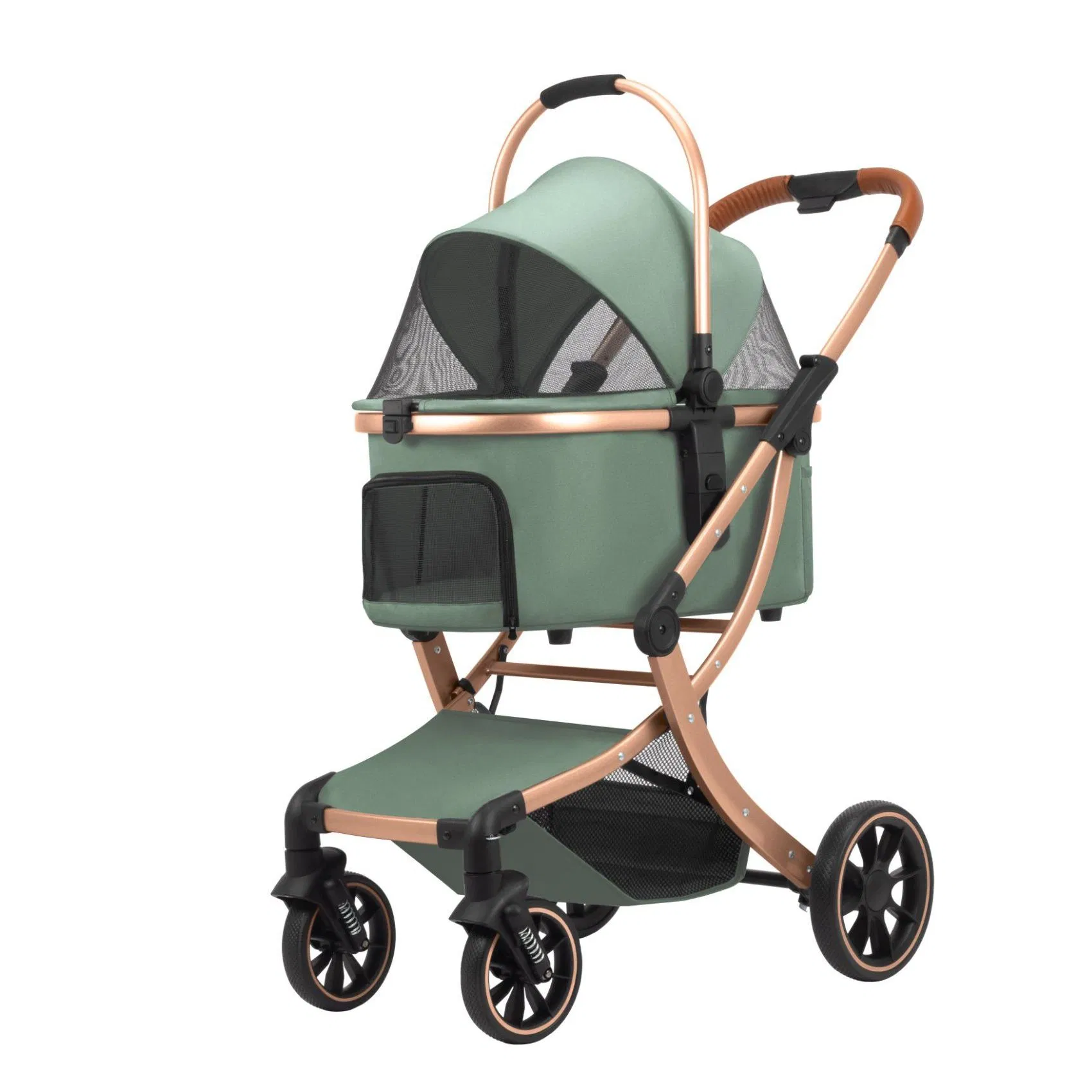 Carrito de lujo plegable al por mayor para mascotas pequeñas, cochecito para perros y gatos con 4 ruedas, transportador ligero de malla