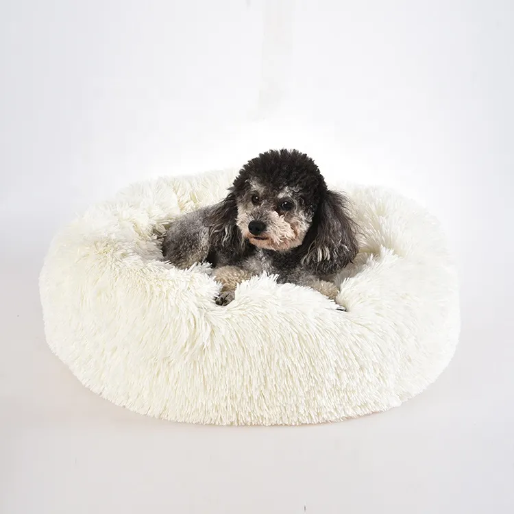 Cama para perros de tela de piel sintética larga, cómoda cama redonda en forma de dona, súper suave, cama de cojín para mascotas lavable