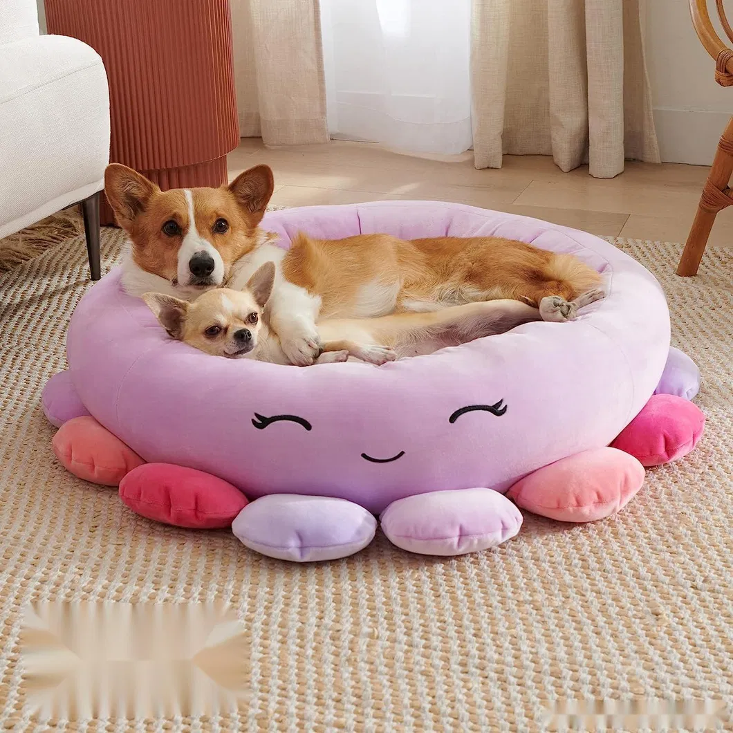Cama para perros antideslizante en forma de pulpo al por mayor - Cama redonda de felpa para perros pequeños y medianos, cómoda y con fondo antideslizante