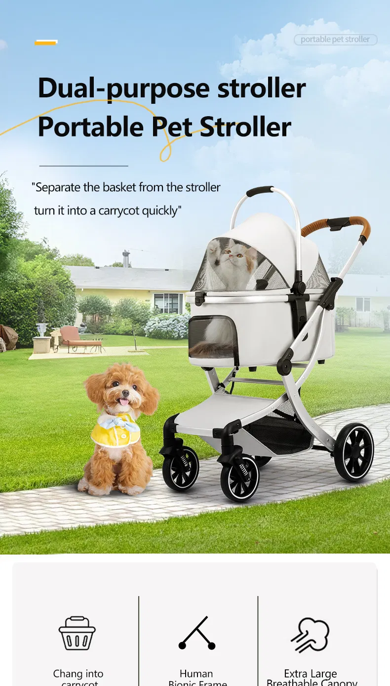 Carrito de lujo plegable al por mayor para mascotas pequeñas, cochecito para perros y gatos con 4 ruedas, transportador ligero de malla