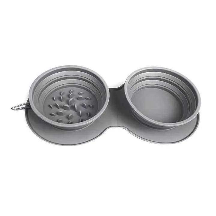 Dos en uno tazón portátil plegable colapsable de silicona para comida y agua de mascotas, alimentador lento para gatos y perros