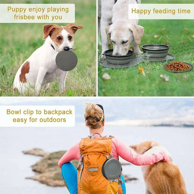 Dos en uno tazón portátil plegable colapsable de silicona para comida y agua de mascotas, alimentador lento para gatos y perros