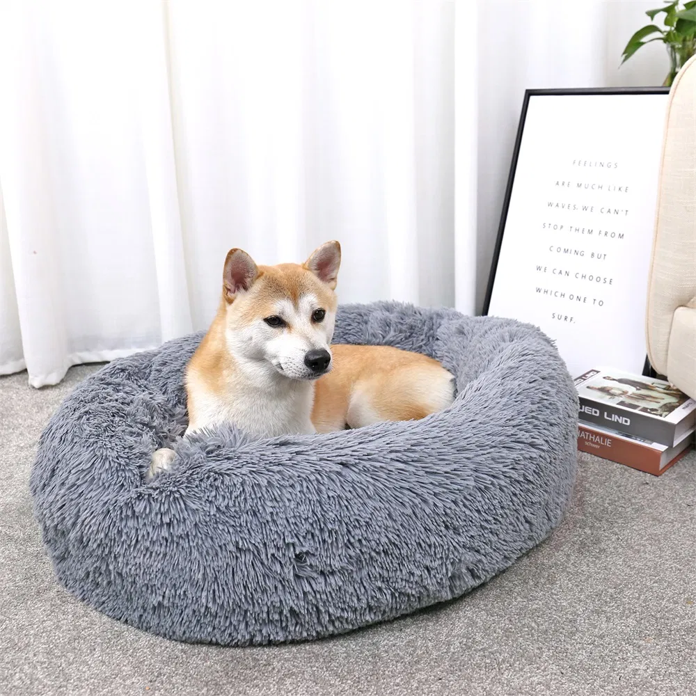 Cama para perros de tela de piel sintética larga, cómoda cama redonda en forma de dona, súper suave, cama de cojín para mascotas lavable