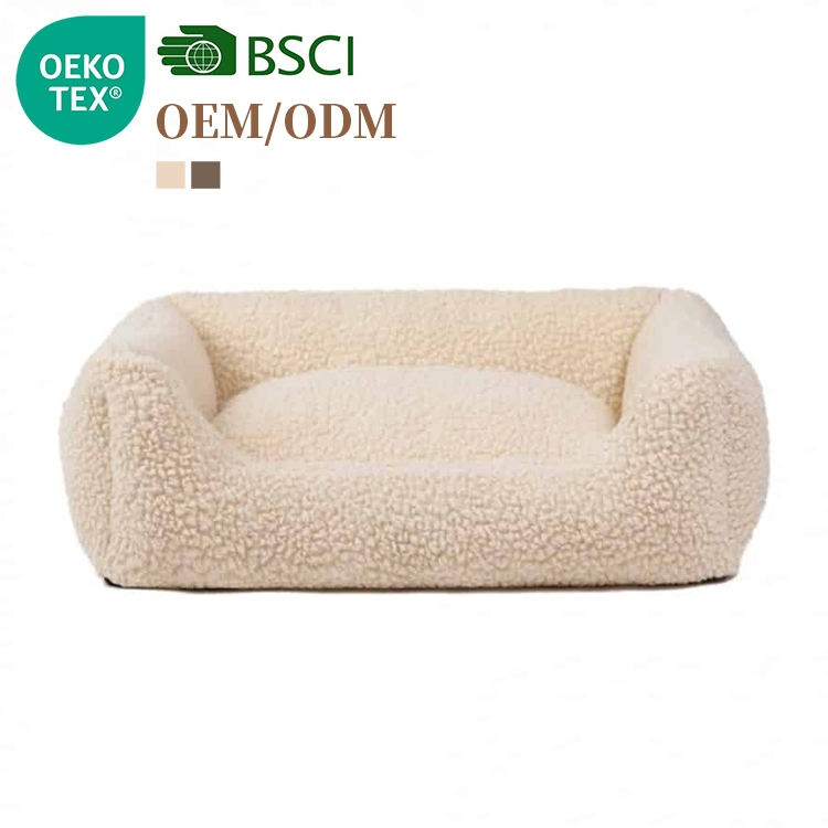 Cama de lujo de suave tela de lana para perros y gatos con bordado de logo personalizado, asa de cuero, cojín removible y lavable, nido de sueño duradero y cómodo para perros