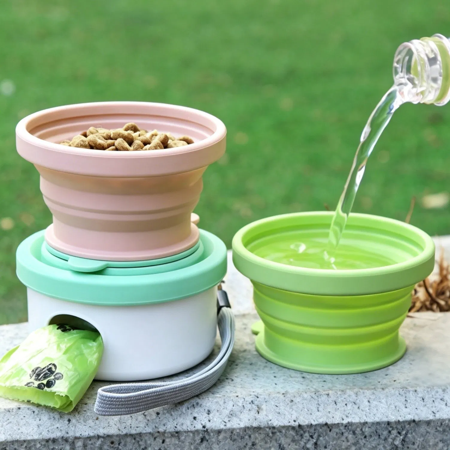 Kit de paseo para mascotas al aire libre de uso múltiple con compartimento de almacenamiento de comida seca adicional, cubiertas internas separadas, dispensador de bolsas para excrementos de perro, soporte para bolsas de excrementos de mascotas