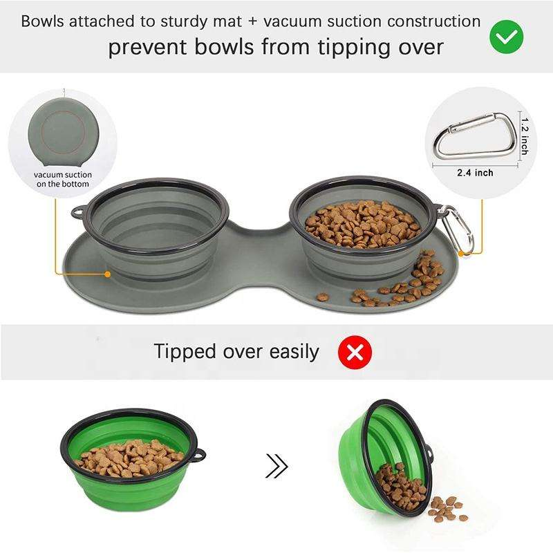 Dos en uno tazón portátil plegable colapsable de silicona para comida y agua de mascotas, alimentador lento para gatos y perros