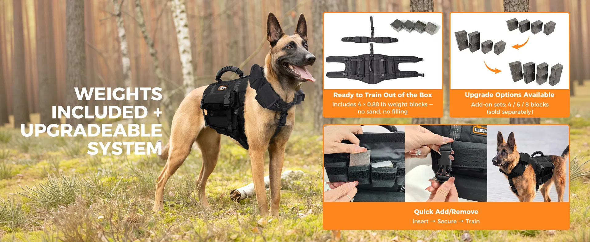 Conjunto de Chaleco y Collar para Perros con 4 Pesas Removibles de 0.88 Lb Equipamiento de Entrenamiento para Perros Medianos y Grandes