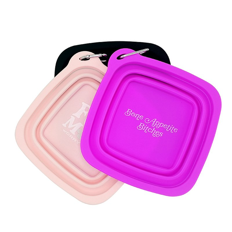 Tazón de viaje de silicona colapsable para mascotas, tazón de alimentación portátil con estampado de gato y perro con mosquetón