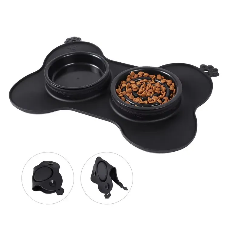 Cuencos de alimentación elevados de silicona plegables para perros, cuencos de alimentación de acero inoxidable, alimentador lento