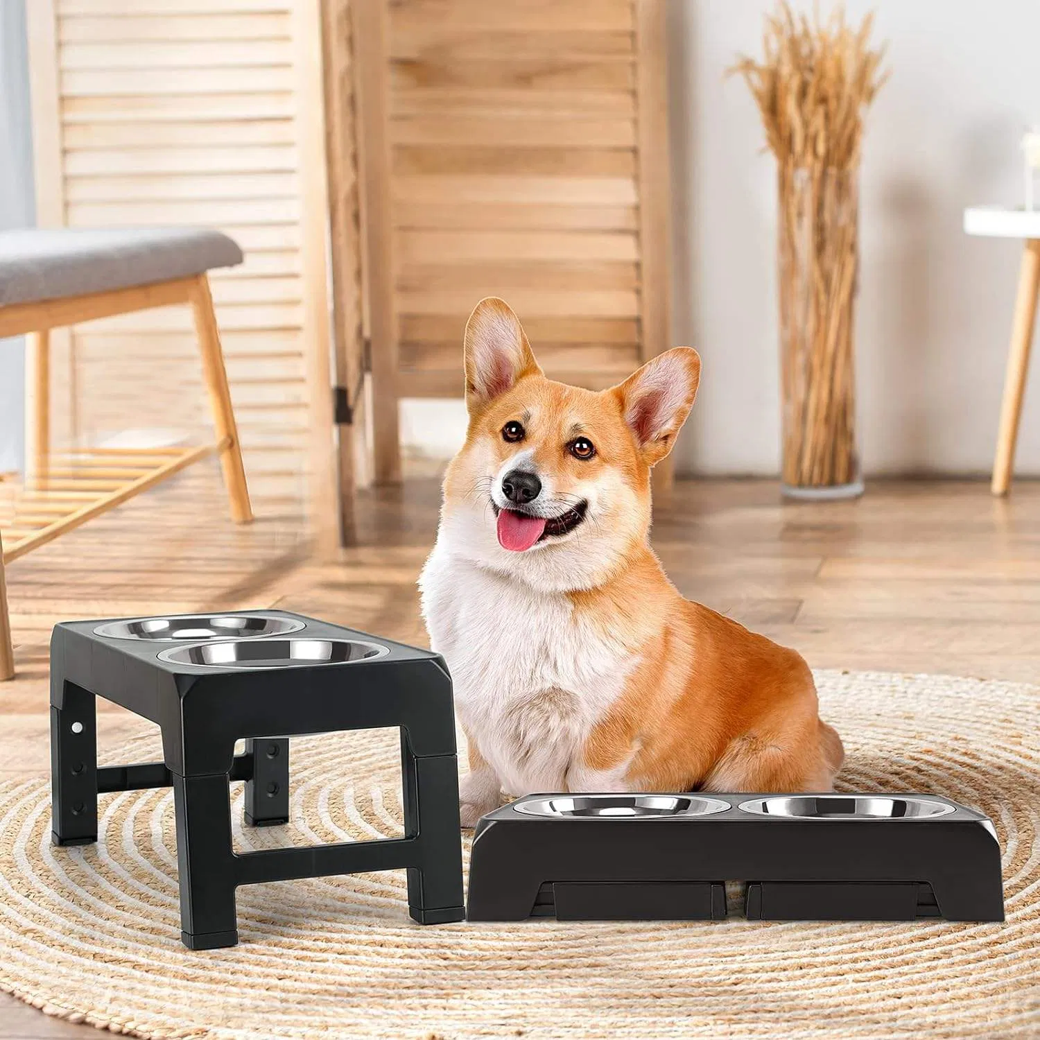 Llegada 2-in-1 Cuencos Elevados Dobles para Perros Plegables de Acero Inoxidable 4 Comedero Elevado para Mascotas Ajustable en Altura y Lento