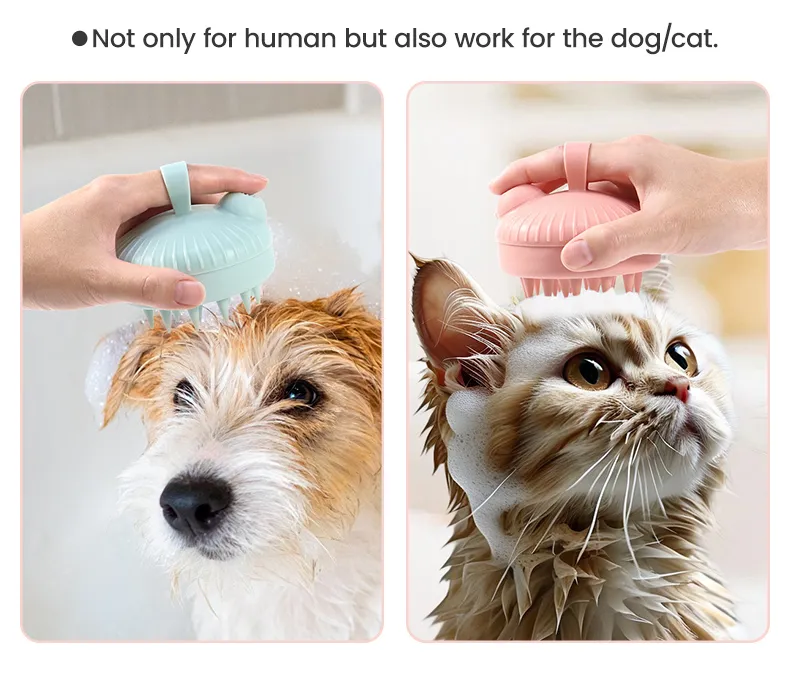 Cepillo de baño de silicona para mascotas, diseño de mano, tamaño personalizado, libre de BPA, para el cuidado de la piel, limpieza del cuero cabelludo, exfoliación, accesorio de baño para perros y gatos
