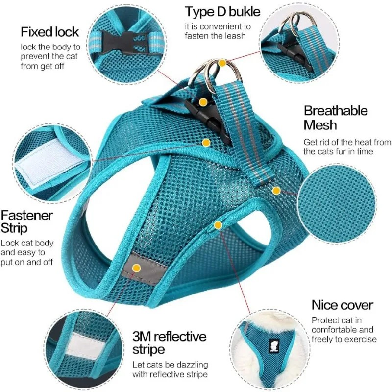 Arnés para gatos con correa suave de malla transpirable reflectante, arnés para caminar perros y gatos, ajustable para gatitos y cachorros, accesorios para gatos
