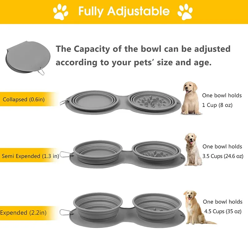 Dos en uno tazón portátil plegable colapsable de silicona para comida y agua de mascotas, alimentador lento para gatos y perros