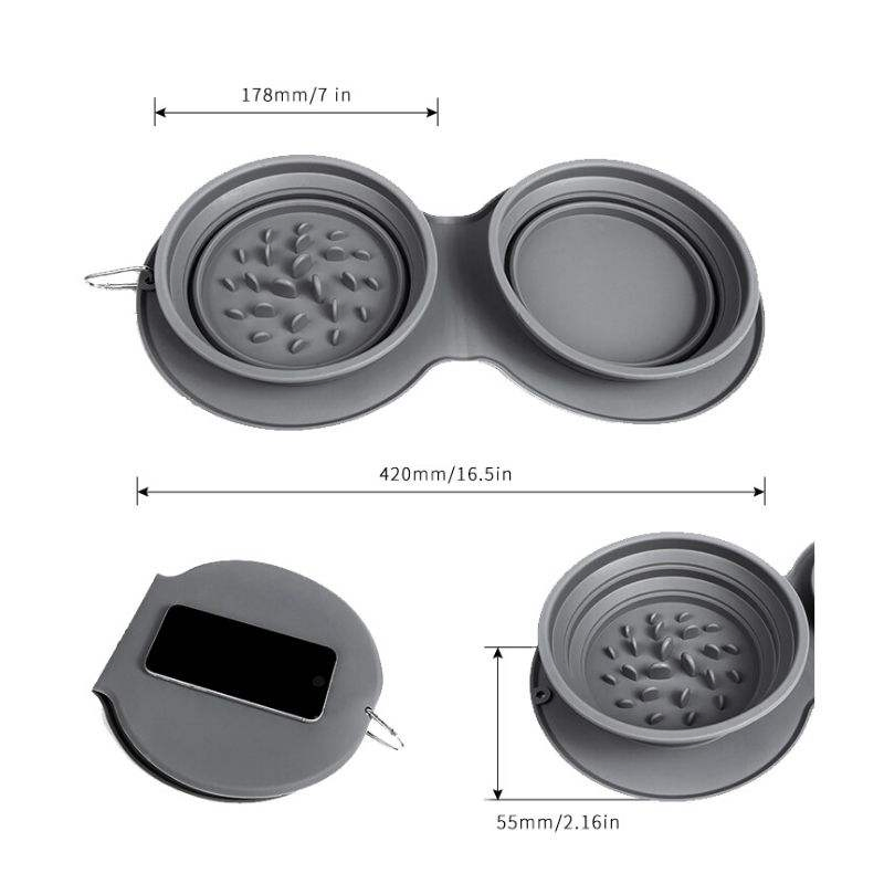 Dos en uno tazón portátil plegable colapsable de silicona para comida y agua de mascotas, alimentador lento para gatos y perros
