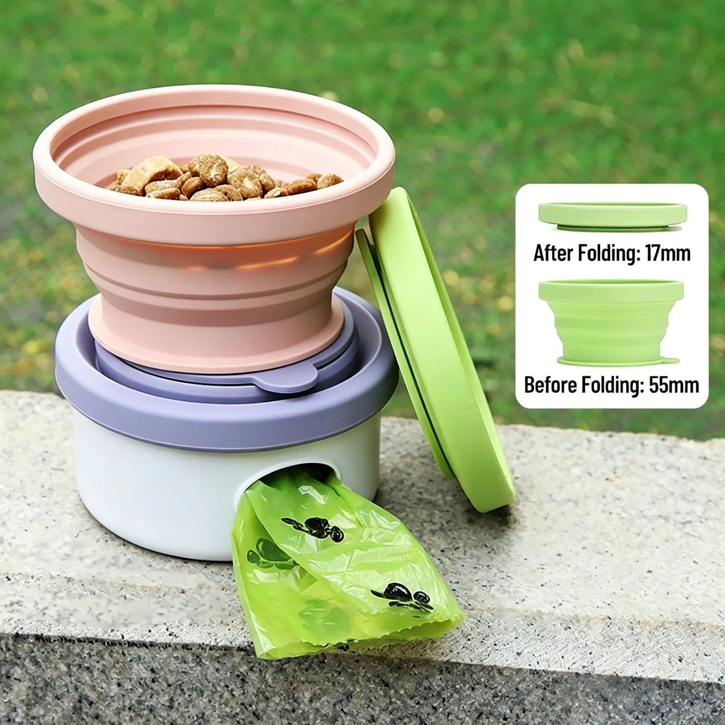 Kit de paseo para mascotas al aire libre de uso múltiple con compartimento de almacenamiento de comida seca adicional, cubiertas internas separadas, dispensador de bolsas para excrementos de perro, soporte para bolsas de excrementos de mascotas