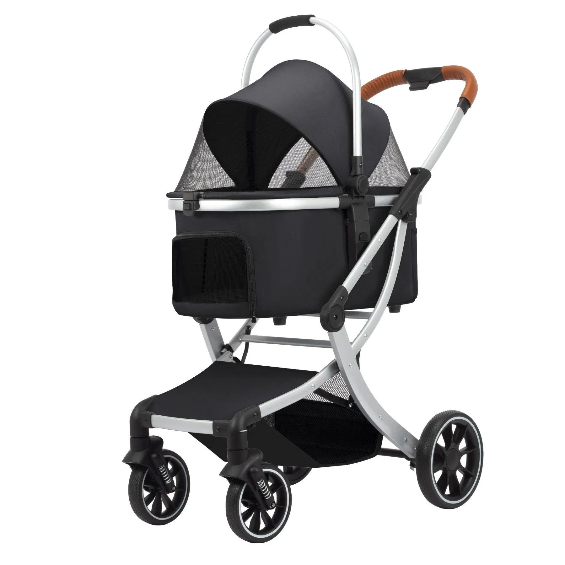 Carrito de lujo plegable al por mayor para mascotas pequeñas, cochecito para perros y gatos con 4 ruedas, transportador ligero de malla