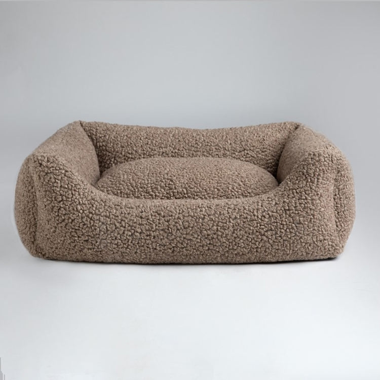 Cama de lujo de suave tela de lana para perros y gatos con bordado de logo personalizado, asa de cuero, cojín removible y lavable, nido de sueño duradero y cómodo para perros