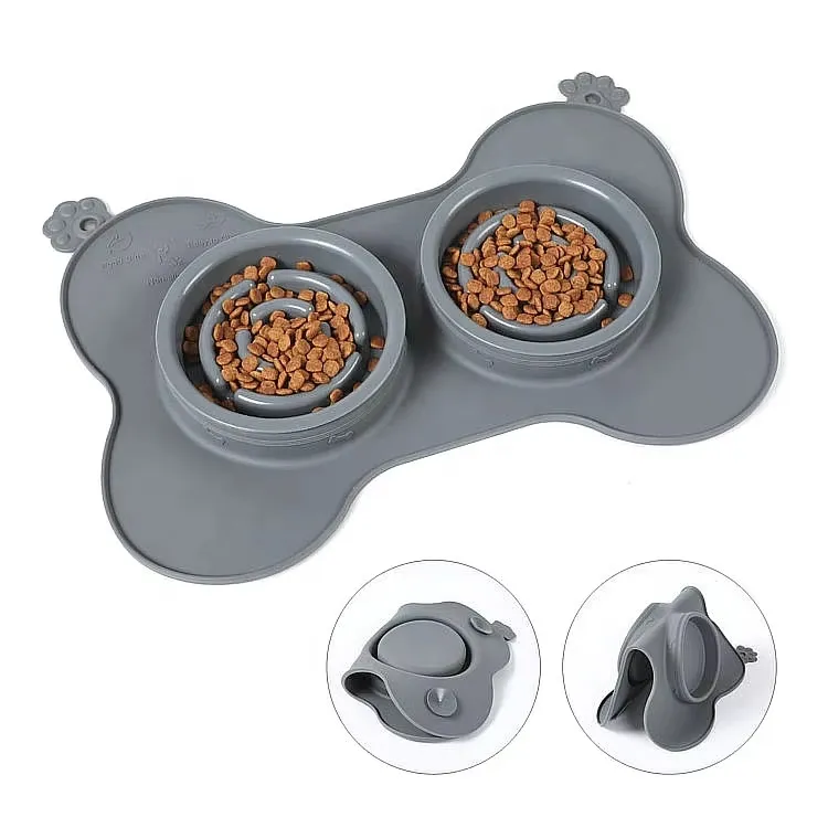 Cuencos de alimentación elevados de silicona plegables para perros, cuencos de alimentación de acero inoxidable, alimentador lento