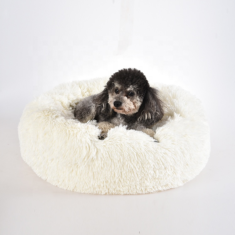 Cama para perros de tela de piel sintética larga, cómoda cama redonda en forma de dona, súper suave, cama de cojín para mascotas lavable