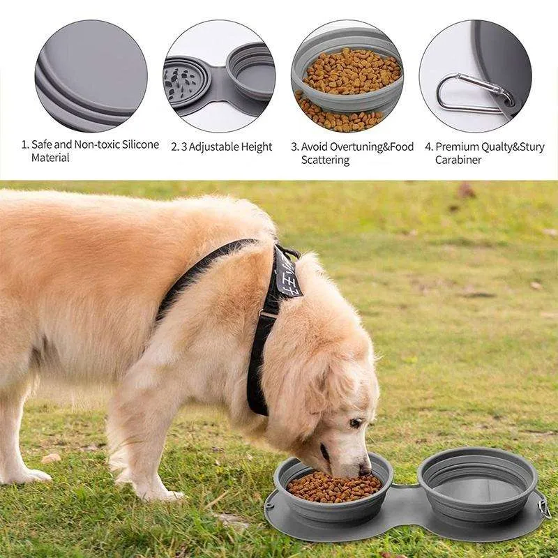 Dos en uno tazón portátil plegable colapsable de silicona para comida y agua de mascotas, alimentador lento para gatos y perros