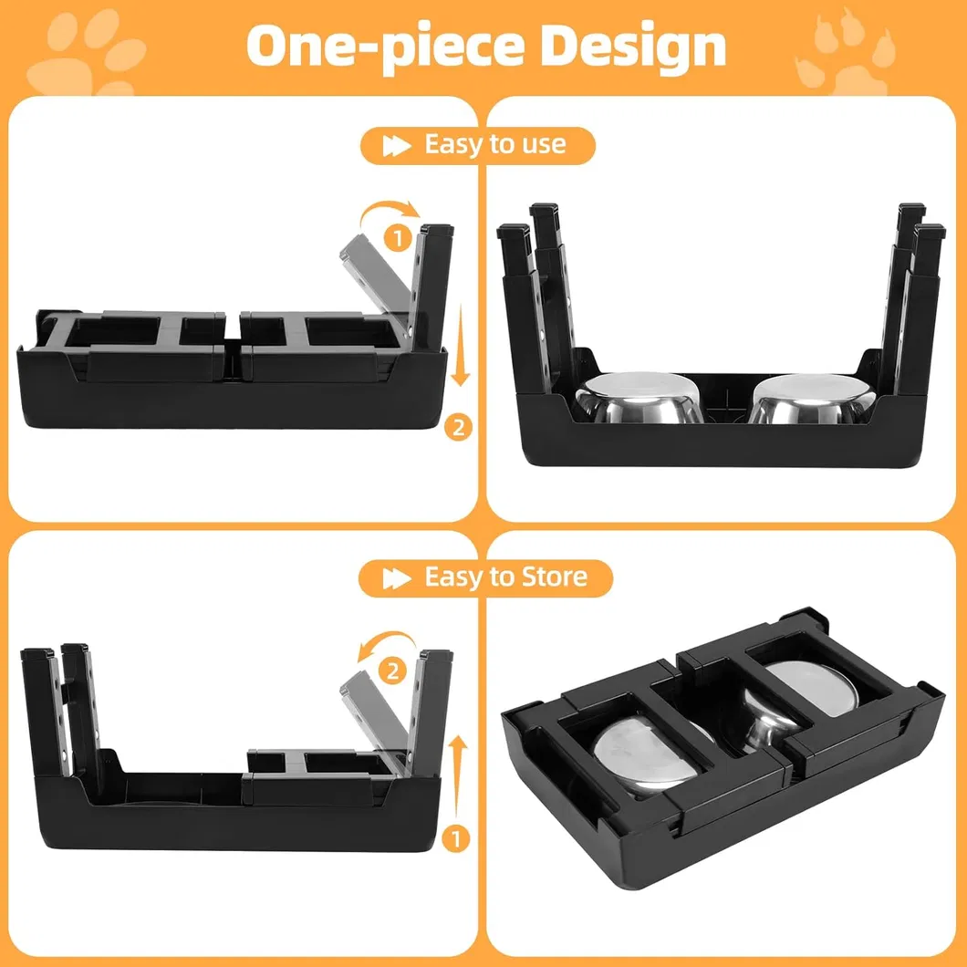 Llegada 2-in-1 Cuencos Elevados Dobles para Perros Plegables de Acero Inoxidable 4 Comedero Elevado para Mascotas Ajustable en Altura y Lento