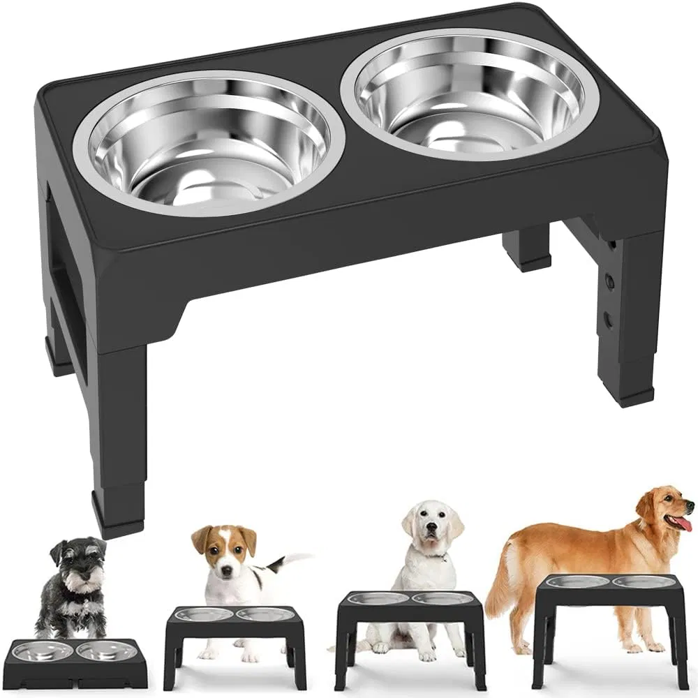 Llegada 2-in-1 Cuencos Elevados Dobles para Perros Plegables de Acero Inoxidable 4 Comedero Elevado para Mascotas Ajustable en Altura y Lento