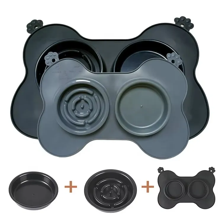 Cuencos de alimentación elevados de silicona plegables para perros, cuencos de alimentación de acero inoxidable, alimentador lento