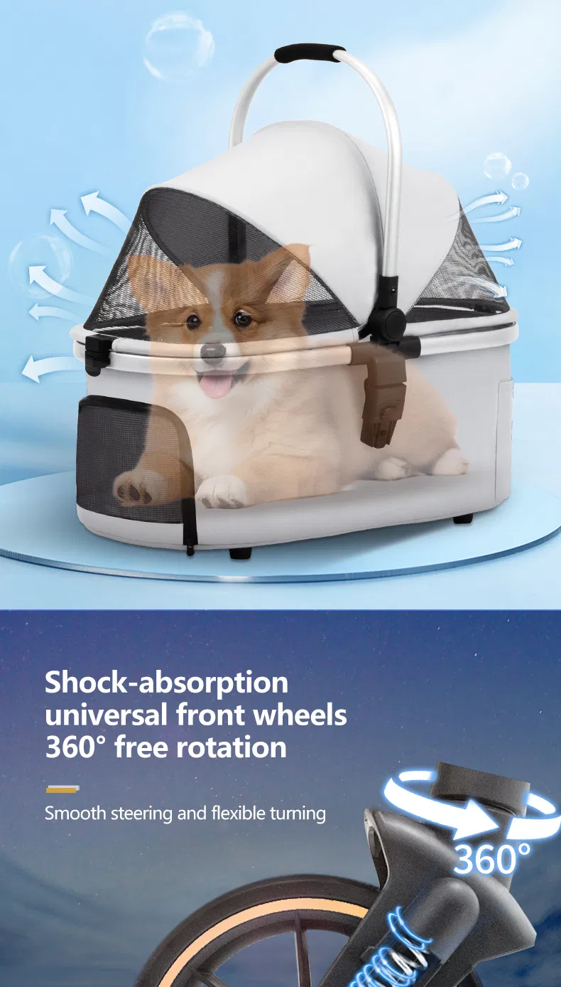 Carrito de lujo plegable al por mayor para mascotas pequeñas, cochecito para perros y gatos con 4 ruedas, transportador ligero de malla