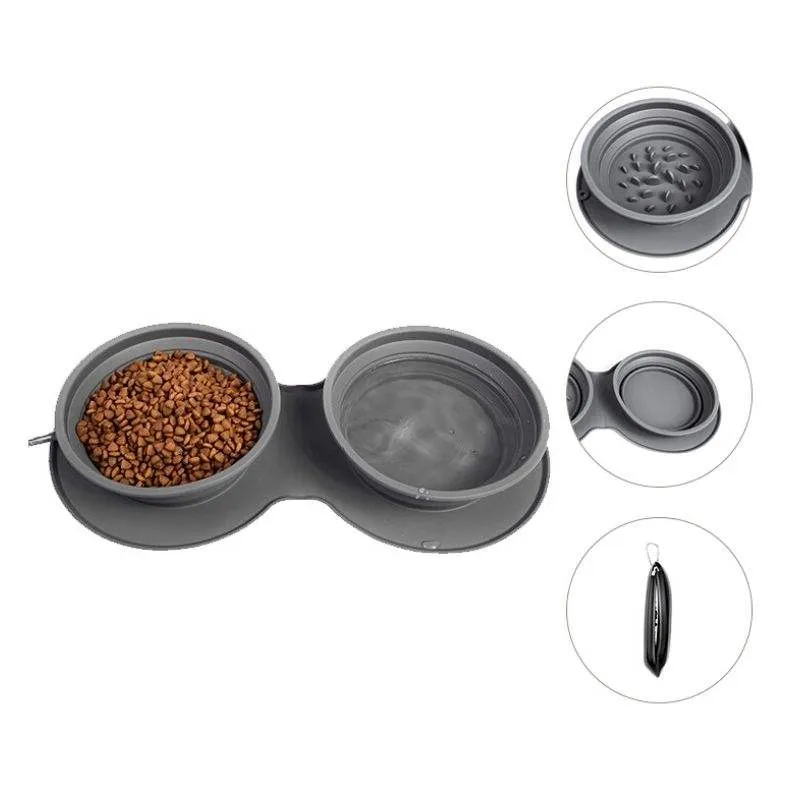 Dos en uno tazón portátil plegable colapsable de silicona para comida y agua de mascotas, alimentador lento para gatos y perros