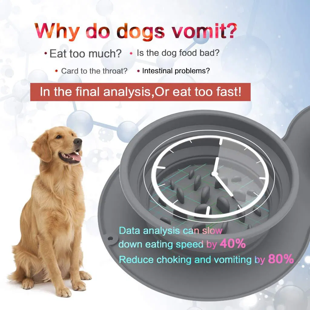 Dos en uno tazón portátil plegable colapsable de silicona para comida y agua de mascotas, alimentador lento para gatos y perros