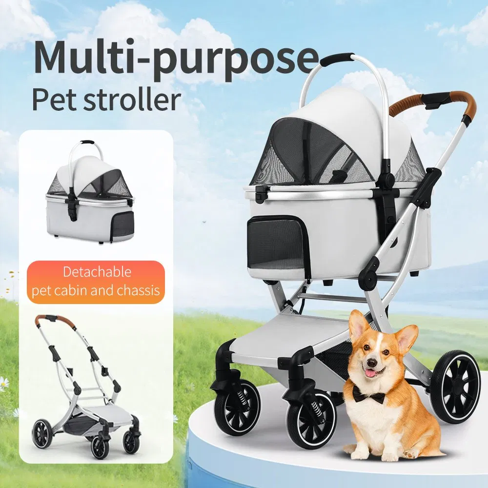 Carrito de lujo plegable al por mayor para mascotas pequeñas, cochecito para perros y gatos con 4 ruedas, transportador ligero de malla