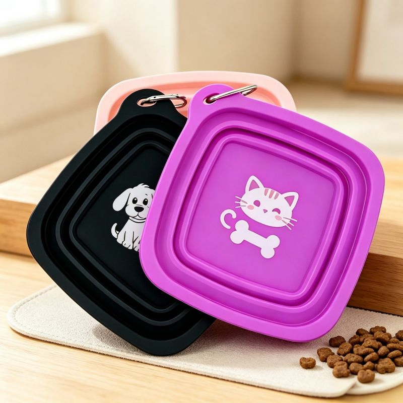Tazón de viaje de silicona colapsable para mascotas, tazón de alimentación portátil con estampado de gato y perro con mosquetón